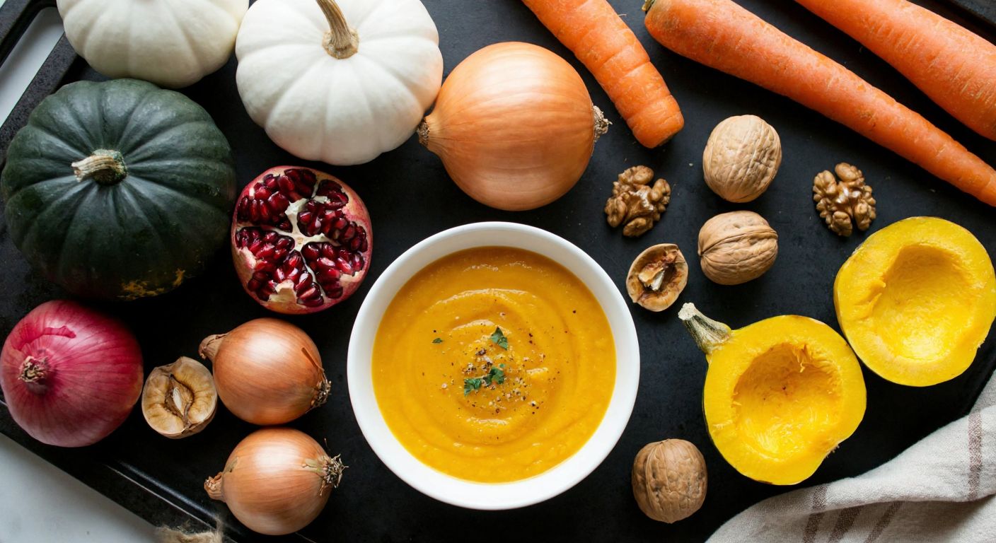 A rustic Turkish kitchen counter displays a vibrant winter squash surrounded by fresh ingredients like onions, carrots, walnuts, and pomegranates, with a steaming bowl of creamy squash soup and golden baked squash slices nearby.