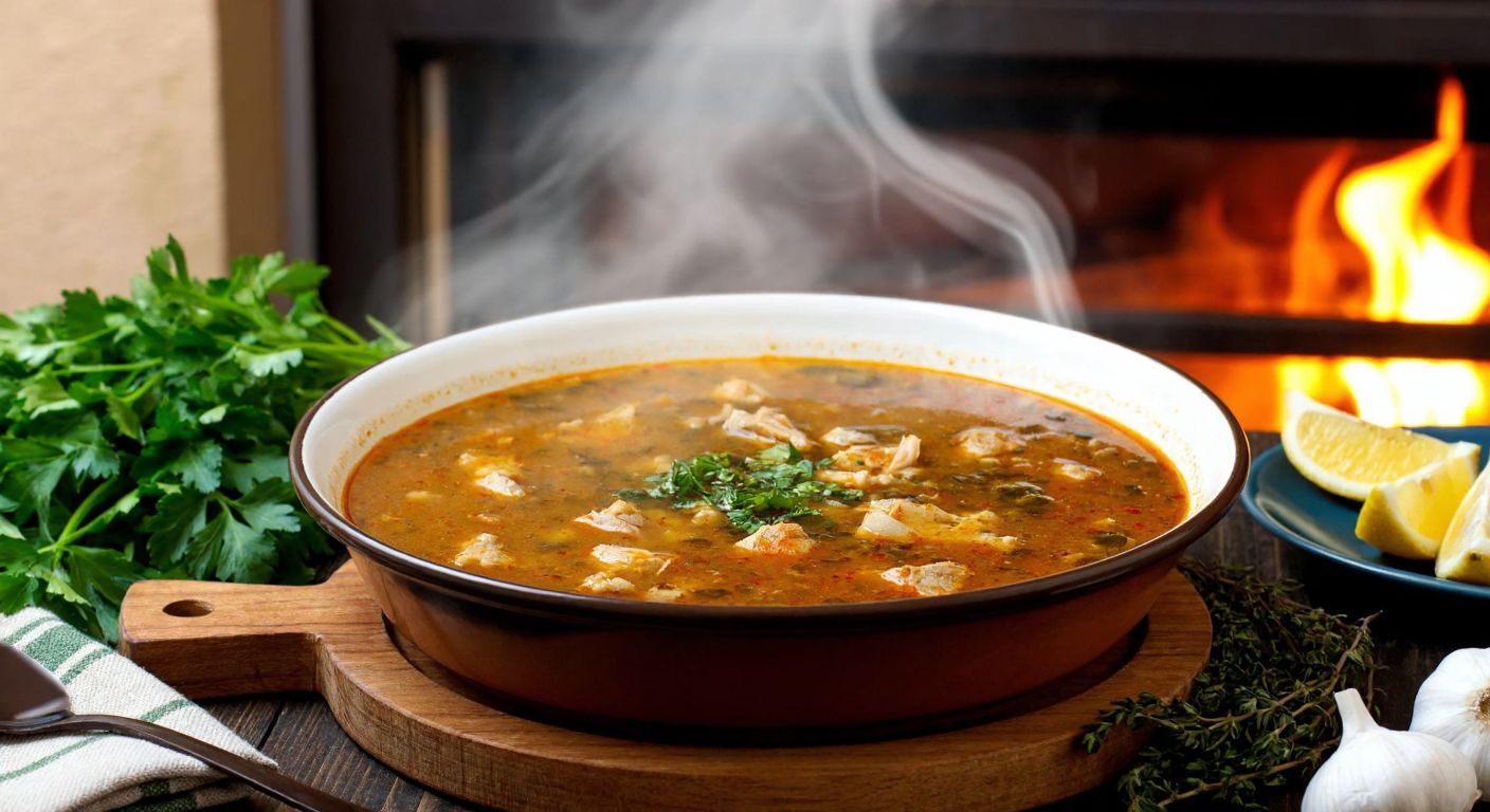 A steaming bowl of rich, golden-brown kaburga çorbası sits on a wooden table, surrounded by fresh herbs and lemon wedges, with a warm, inviting glow from a nearby stove in a cozy Turkish kitchen.