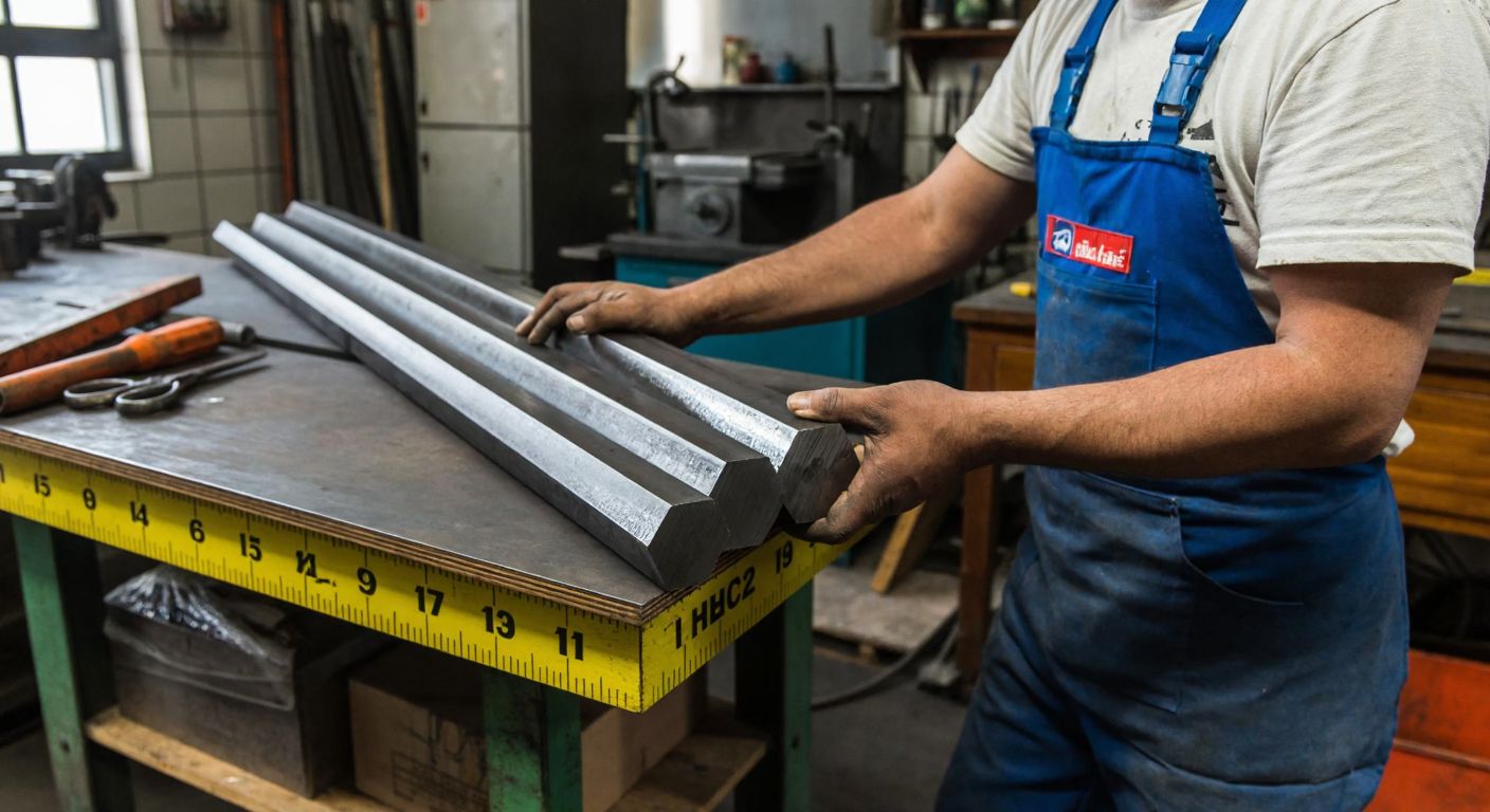 A Turkish metalworker in a workshop holds a shiny hexagonal steel bar of varying thicknesses, with a measuring tape draped over a wooden table nearby.