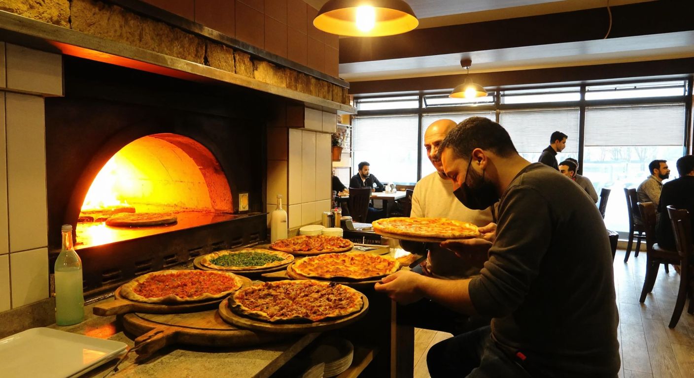 A warm, bustling Turkish restaurant with a stone oven glowing in the background, serving freshly baked pide and lahmacun to smiling customers in Esenyurt.
