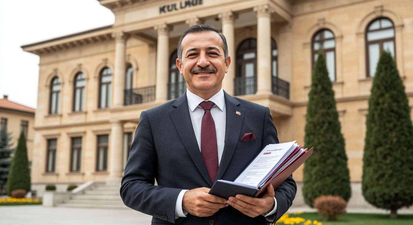 A middle-aged Turkish man in a formal suit stands confidently in front of Konya’s historic government building, holding a stack of official documents, with a warm smile reflecting his approachable authority.