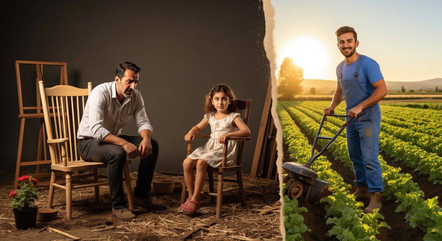 A split-image with a frustrated Turkish family inspecting a poorly assembled wooden chair on one side, and a smiling gardener in a sunlit field confidently using a sturdy Palmera tiller on the other.