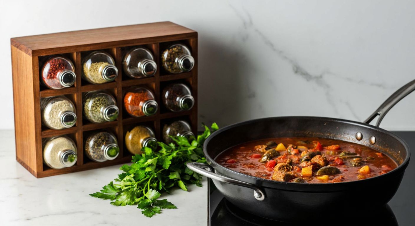 A warm, rustic Turkish kitchen with a polished wooden spice rack filled with colorful spices, sitting on a marble countertop beside a bubbling pot of stew and fresh herbs.