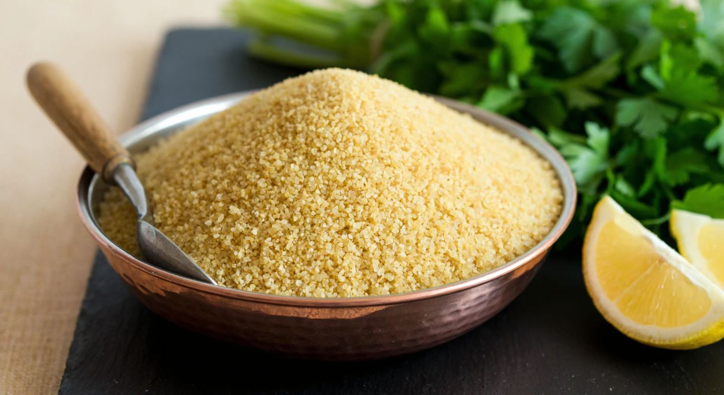 A close-up of golden, finely ground bulgur grains in a traditional Turkish copper bowl, with a wooden spoon resting beside it, surrounded by fresh parsley and lemon wedges.