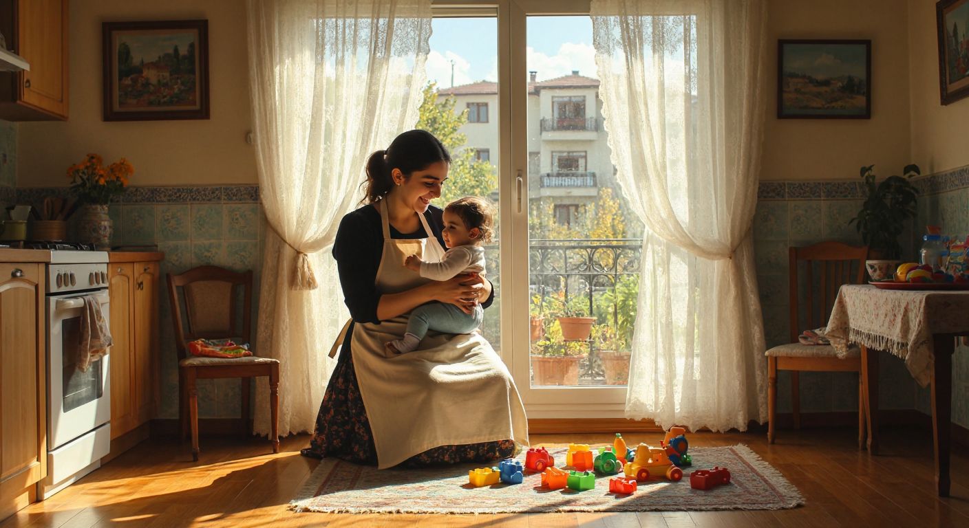 A warm Turkish home scene with a smiling nanny in a cozy apron gently rocking a toddler in her arms, while sunlight streams through lace curtains onto a wooden floor scattered with colorful toys.