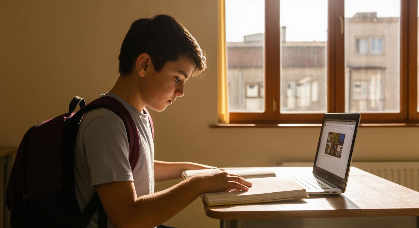 A focused Turkish middle-school student with a backpack sits at a wooden desk, flipping through a textbook while sunlight streams through a classroom window, with a laptop open nearby displaying a colorful educational website.