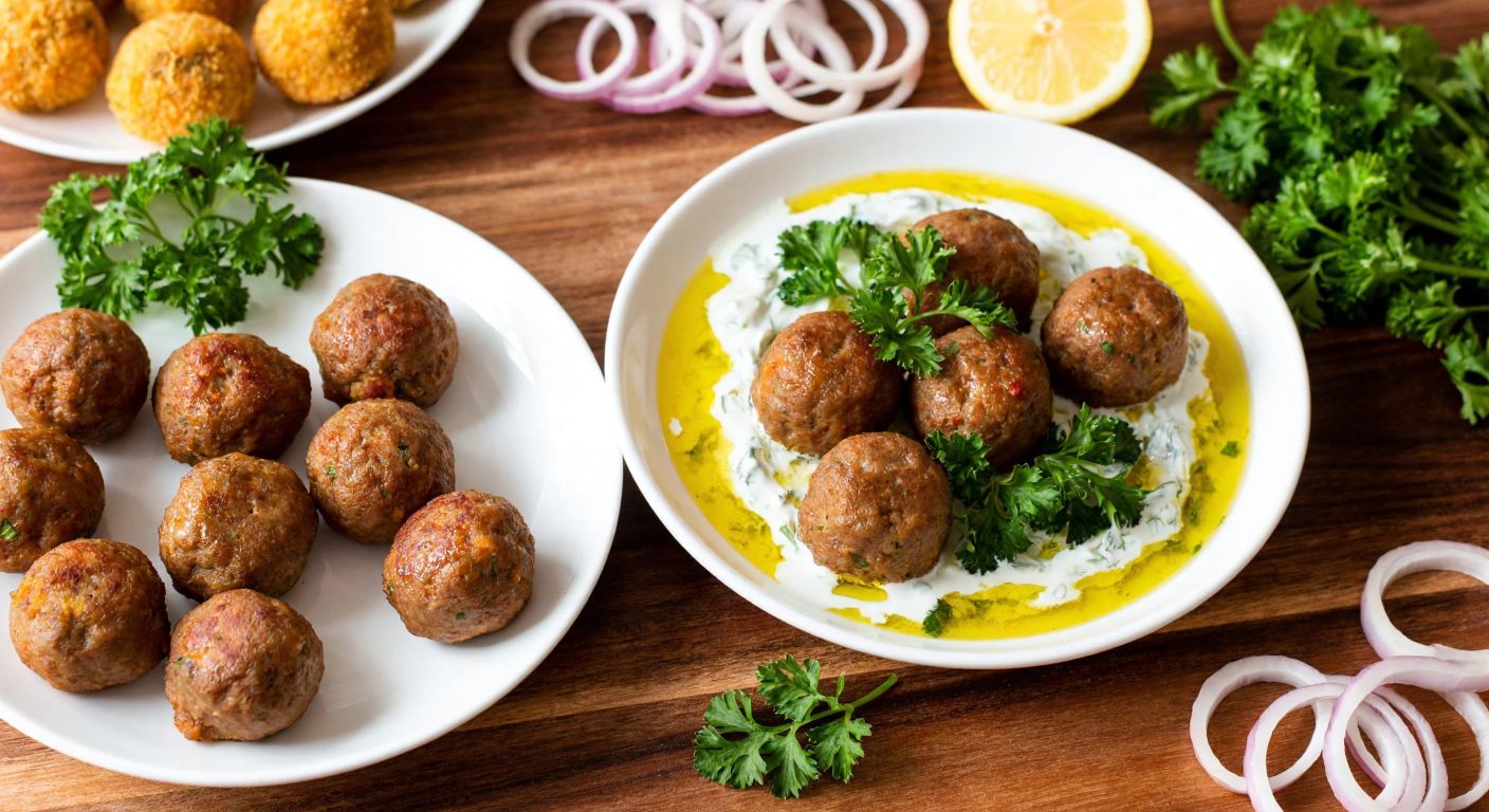A rustic wooden table in a Turkish kitchen displays two plates of köfte—one with plain, golden-brown meatballs (terbiyesiz) and another with creamy, marinated meatballs (terbiyeli) glistening from yogurt and lemon, surrounded by fresh parsley and sliced onions.