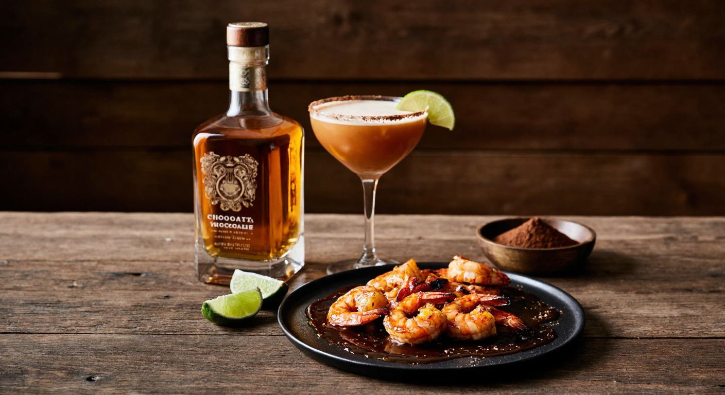 A sleek, amber-hued bottle of chocolate tequila sits on a rustic wooden table beside a cocktail glass rimmed with cocoa powder, a lime wedge, and a sizzling plate of grilled shrimp glazed with a glossy, dark sauce.