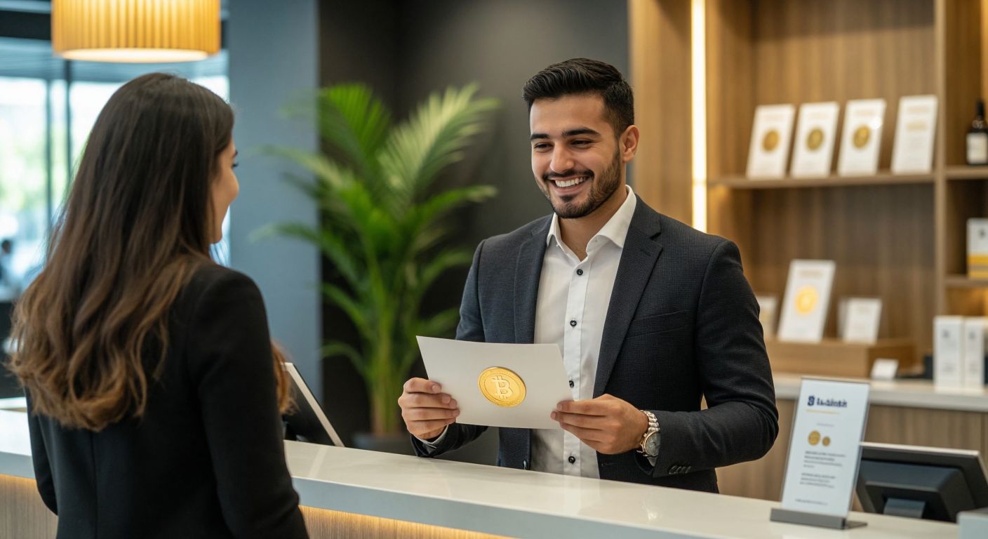 A smiling banker in a crisp suit stands behind a counter at İş Bankası, holding a brochure with a golden coin emblem, while a customer in casual attire listens attentively.