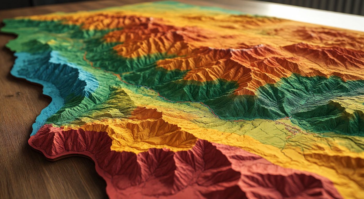 A vibrant, textured relief map of Turkey with layered colors—green valleys, blue seas, yellow plateaus, brown mountains, dark brown peaks, orange mid-elevations, and red borders—spread across a wooden table under warm light.