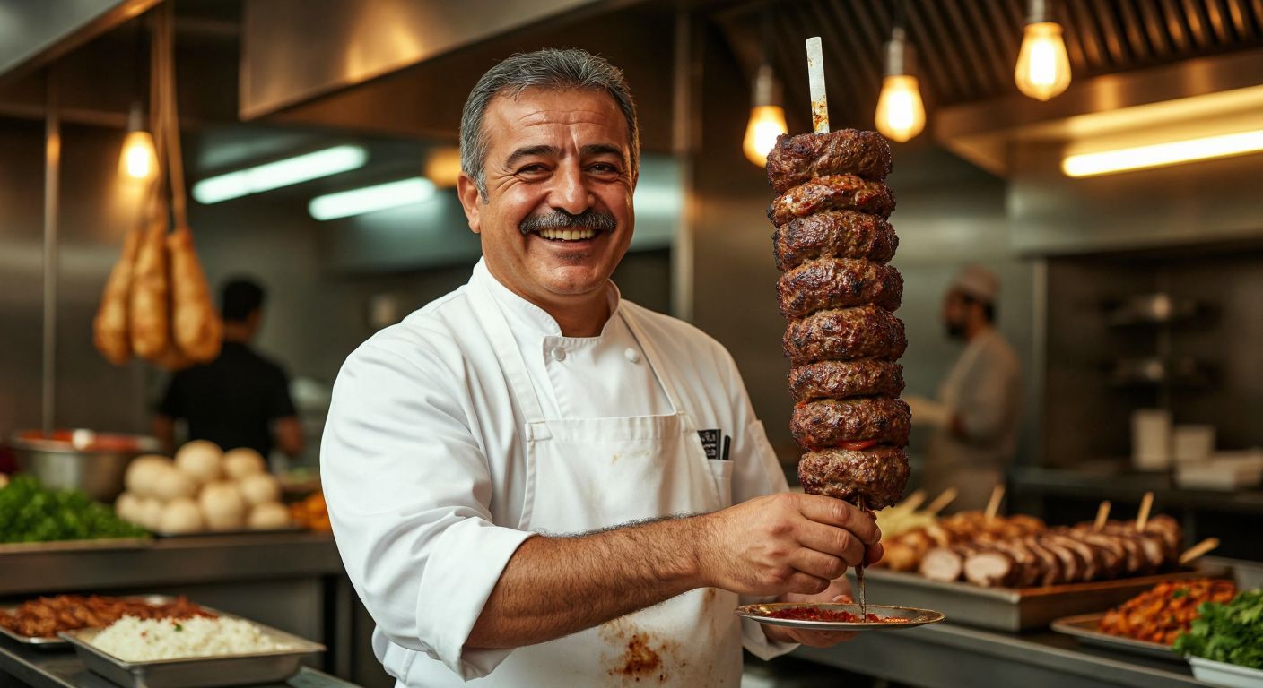 A smiling middle-aged Turkish man with a mustache, wearing a white chef's apron, proudly holding a sizzling vertical döner kebab on a skewer in a bustling restaurant kitchen.