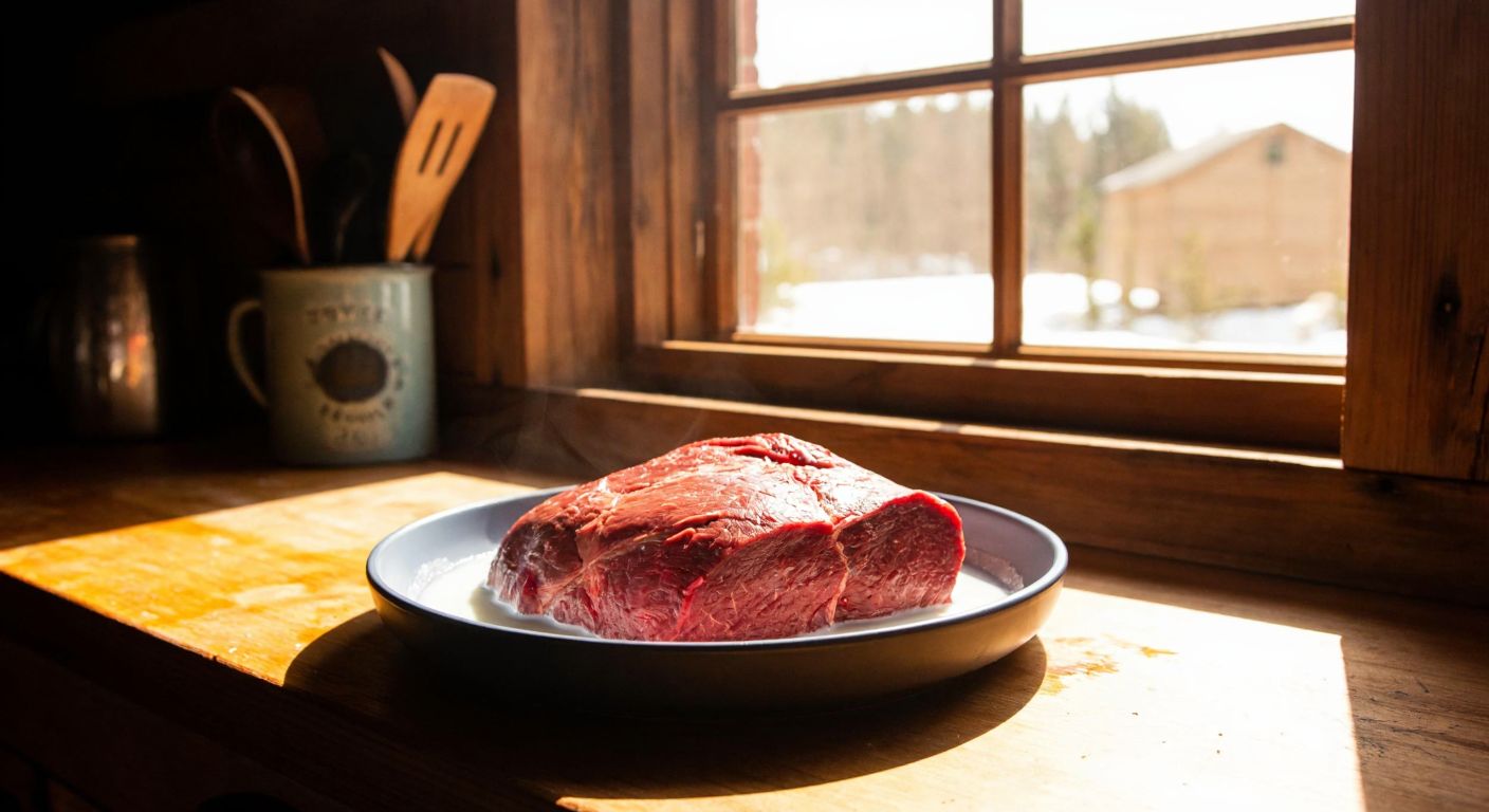 A tender beef fillet submerged in a bowl of fresh milk, resting on a rustic wooden kitchen counter in Turkey, with warm sunlight streaming through a nearby window.
