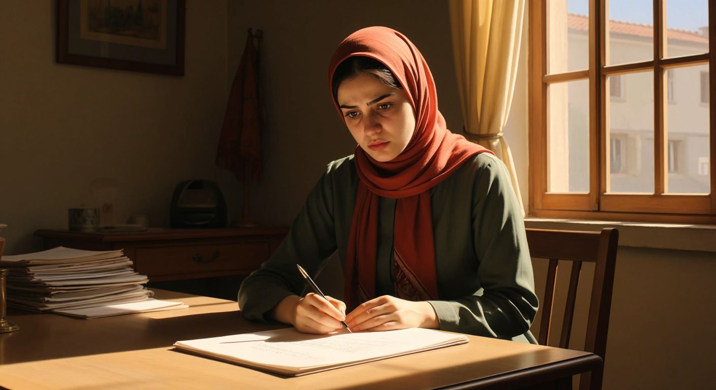 A nervous Turkish woman in a modest headscarf sits at a wooden desk in a sunlit room, clutching a pen while anxiously staring at a blank sheet of paper, with a German flag pin on her collar.