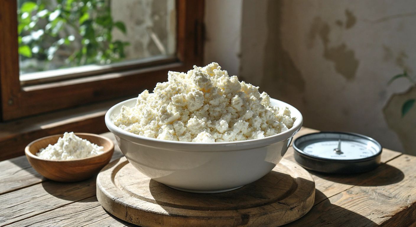 A small white bowl filled with fresh, crumbly white lor cheese placed on a rustic wooden table in a sunlit Turkish kitchen, with a simple kitchen scale beside it.