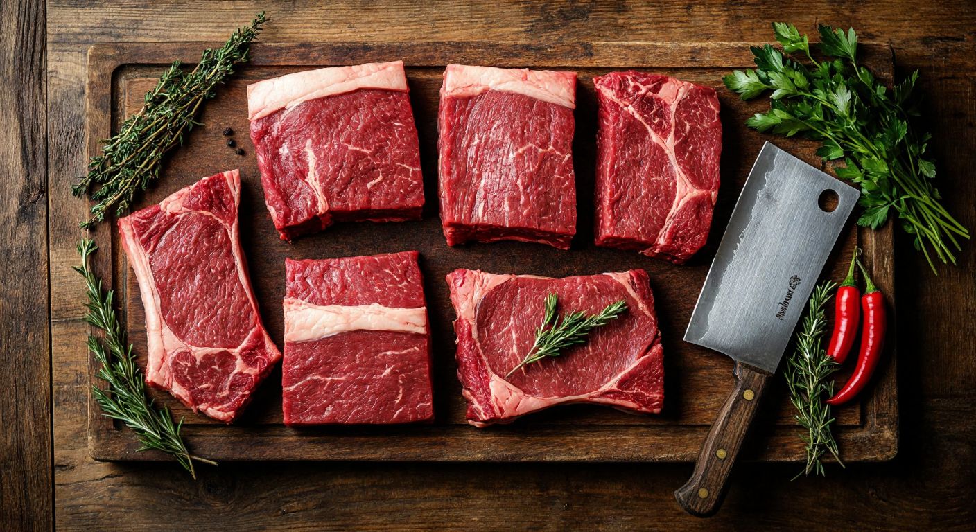 A rustic wooden butcher's table in Turkey displays fresh cuts of beef—juicy kuyruk eti, lean nuar, tender kontrnuar, and cubed şişlik—arranged neatly beside a gleaming cleaver and sprigs of fresh herbs.