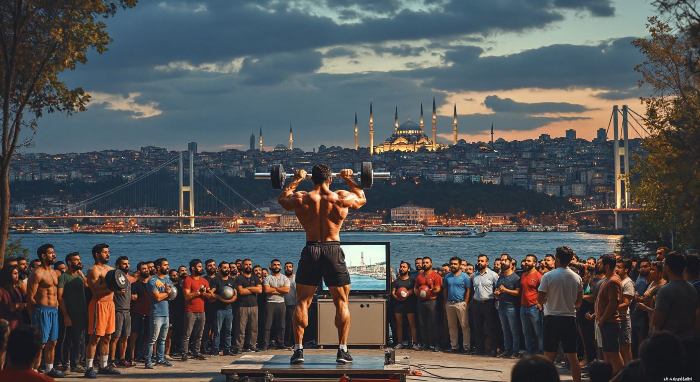 A bustling Istanbul skyline with the newly opened Fatih Sultan Mehmet Bridge in the foreground, a muscular Naim Süleymanoğlu lifting weights in a spotlight, and a group of diverse people gathered around a television set, their faces lit with curiosity and hope.