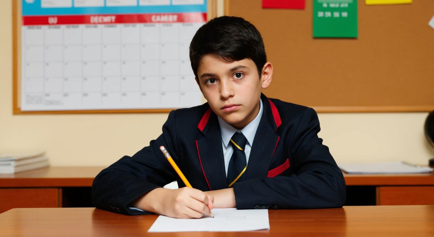 A young Turkish student in a school uniform sits at a wooden desk, looking slightly anxious while holding a pencil, with a blank exam paper in front of them, as a wall calendar in the background shows the month of December.