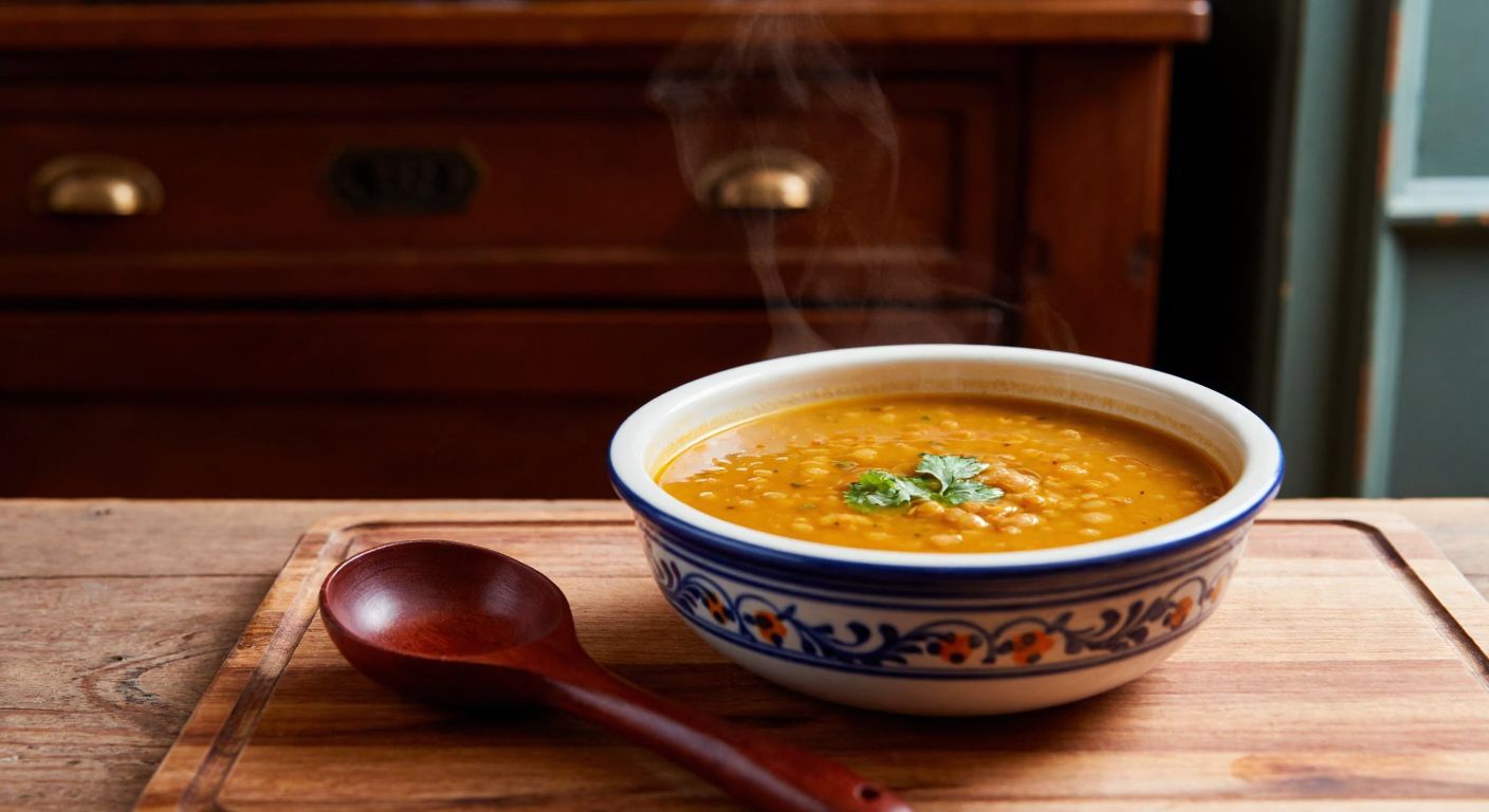 A steaming bowl of warm lentil soup sits on a wooden table in a cozy Turkish kitchen, with a traditional ceramic spoon resting beside it.