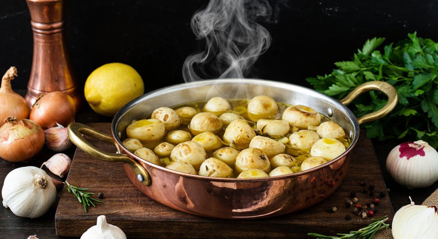 A rustic Turkish kitchen with a steaming copper pot of golden-brown Jerusalem artichokes simmering in olive oil, surrounded by fresh ingredients like onions, garlic, and lemons on a wooden table.