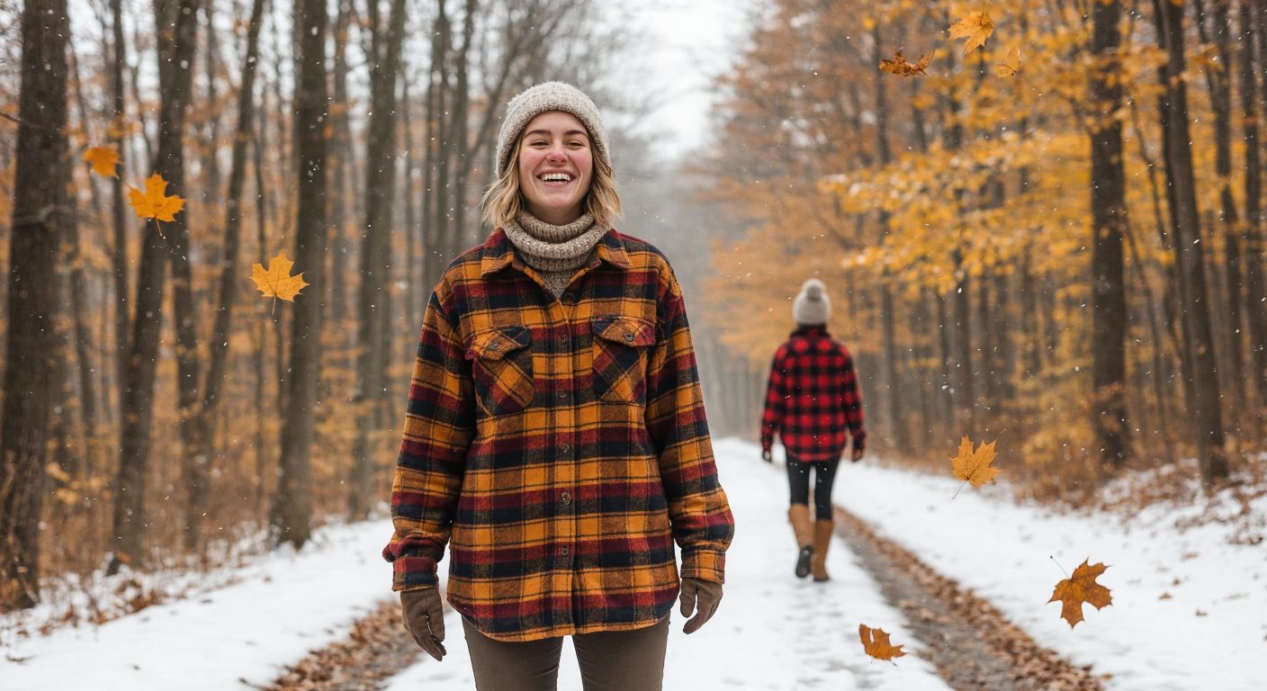 A smiling person wearing a thick, fleece-lined plaid shirt stands in a snowy forest, with a cozy knitted hat and boots, while autumn leaves swirl around another person in the same shirt walking through a golden park.