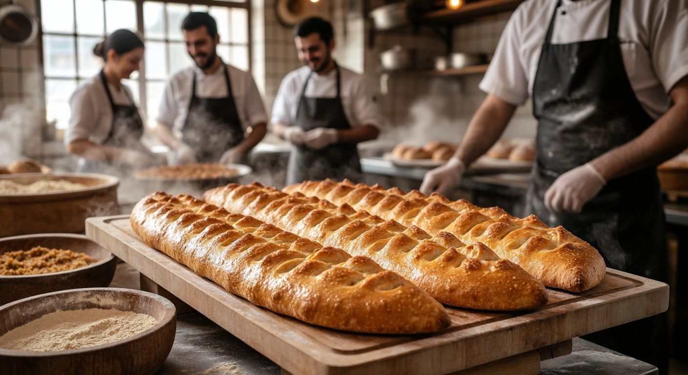 A golden, crispy **tırnaklı pide** with finger-like indentations rests on a wooden tray in a bustling **İç Anadolu** bakery, surrounded by warm steam and smiling bakers in flour-dusted aprons.