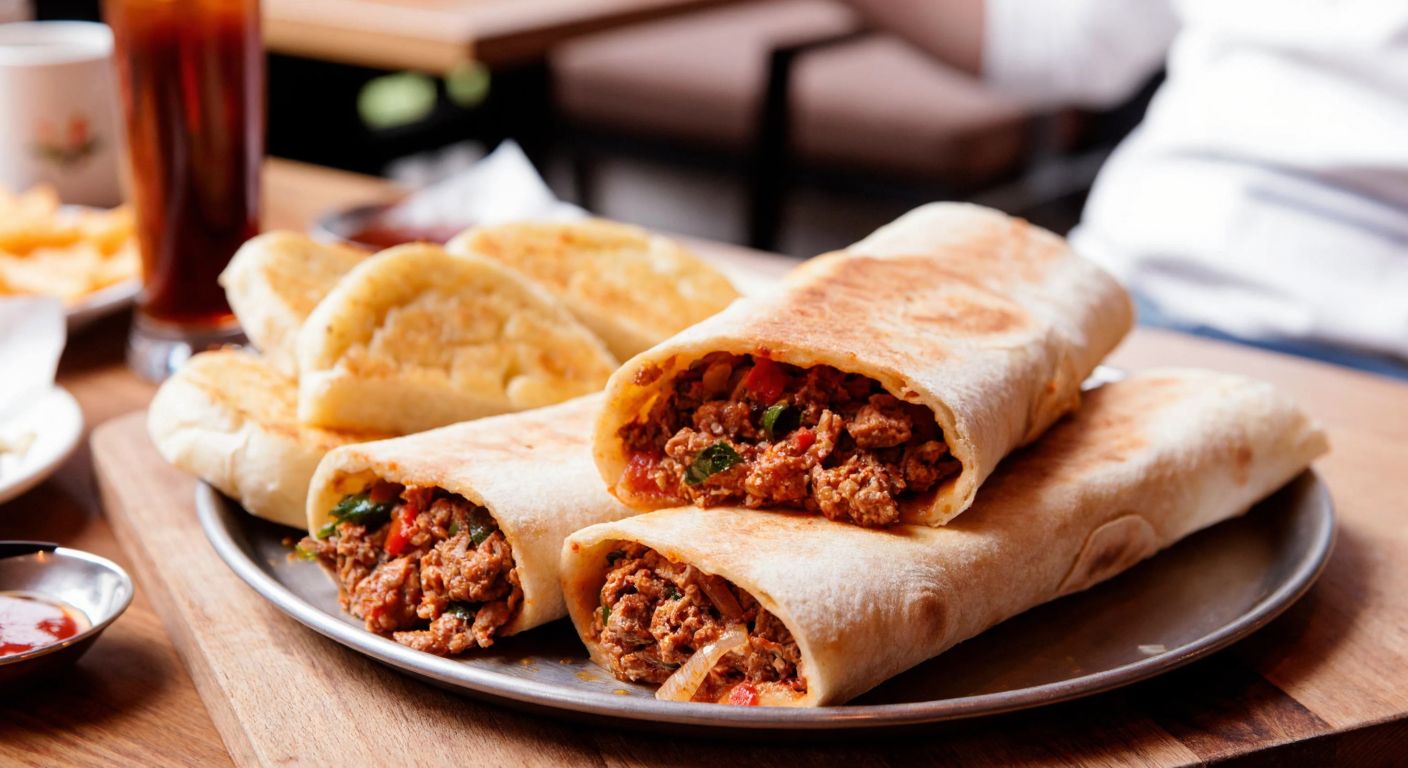 A steaming plate of spicy tantuni meat wrapped in freshly baked tandır lavaş, with golden-brown somun bread slices beside it on a rustic wooden table in a bustling Turkish eatery.