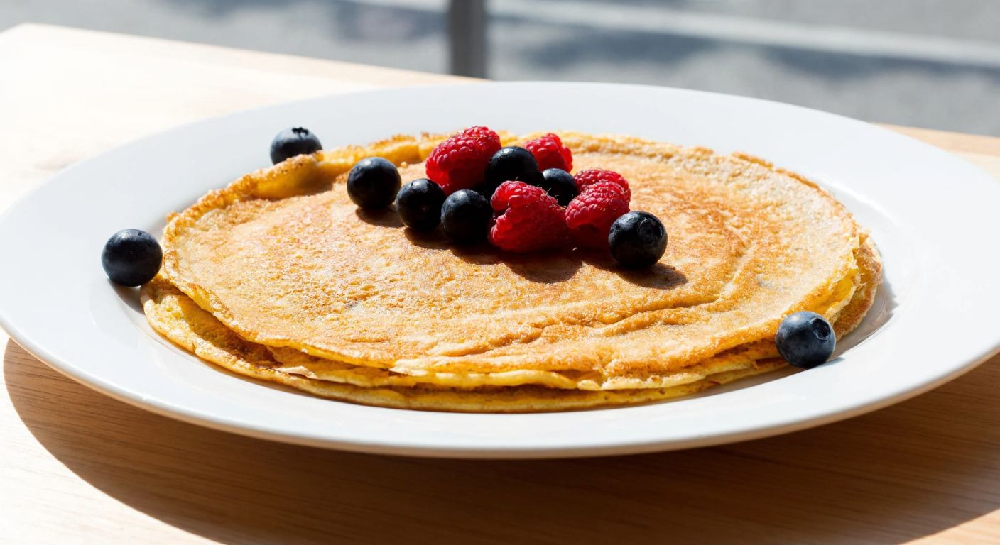 A golden-brown chia seed crepe on a white plate, garnished with fresh berries and a drizzle of honey, placed on a wooden kitchen table in a sunlit Turkish home.