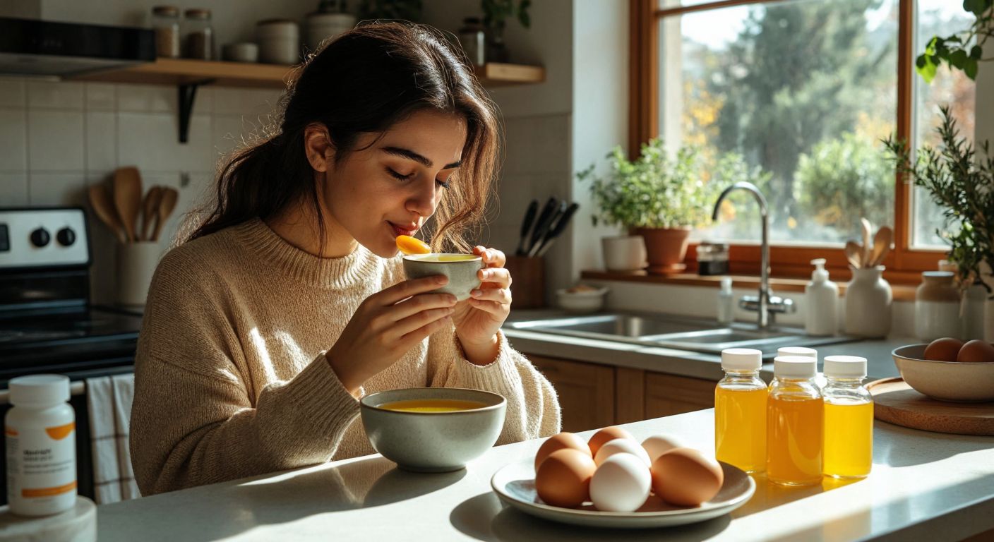 A Turkish woman in a cozy kitchen carefully sips a clear broth from a small bowl, with a plate of soft-boiled eggs and a glass of water nearby, while a neatly arranged row of vitamin bottles sits on the counter.