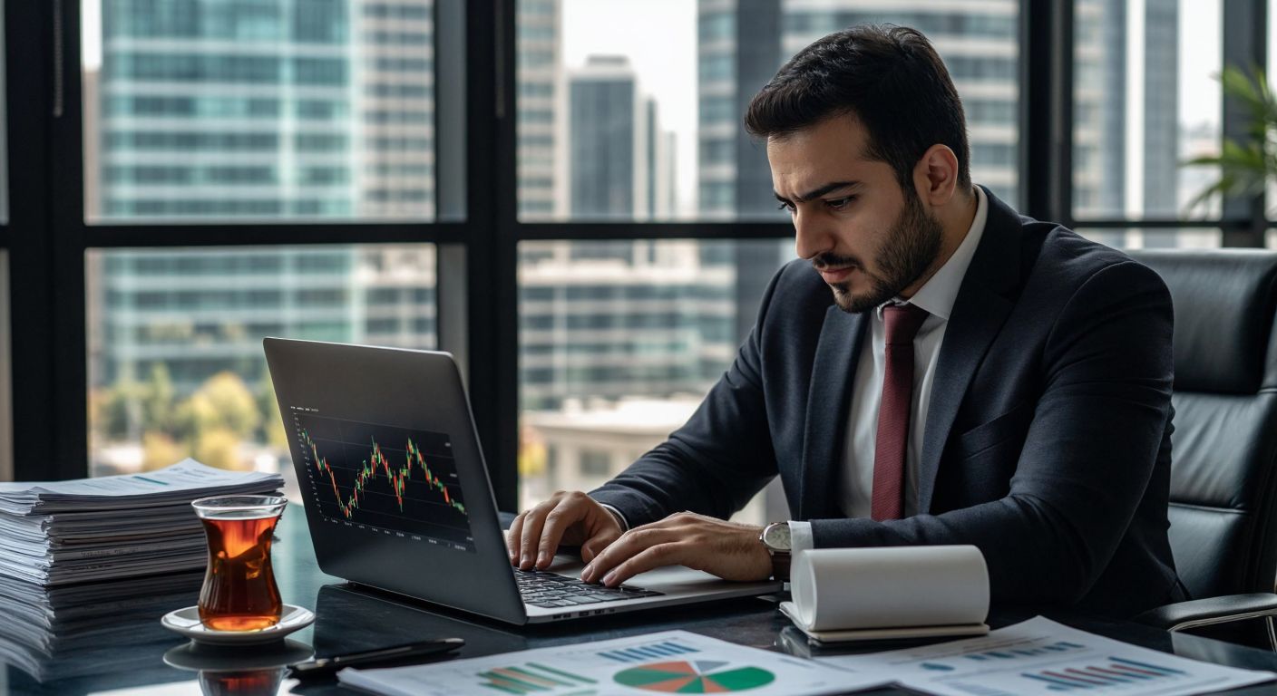 A focused Turkish investor in a modern office, carefully analyzing stock market charts on a sleek laptop while surrounded by stacks of financial reports and a steaming cup of Turkish tea.