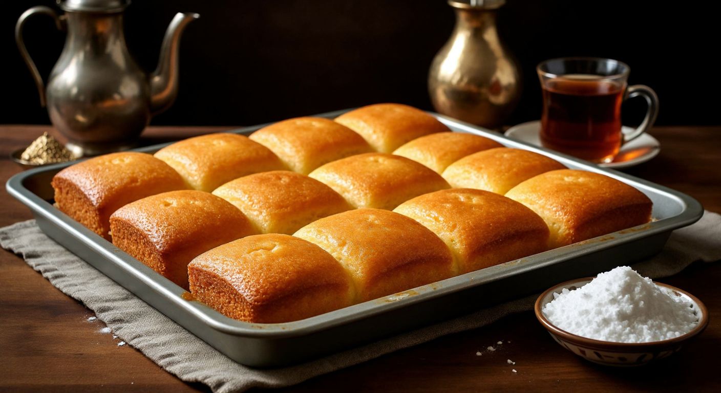 A golden-brown tray of freshly baked şambali, with a crisp semolina crust glistening under warm light, placed on a traditional Turkish kitchen counter beside a glass of tea and a bowl of powdered sugar.