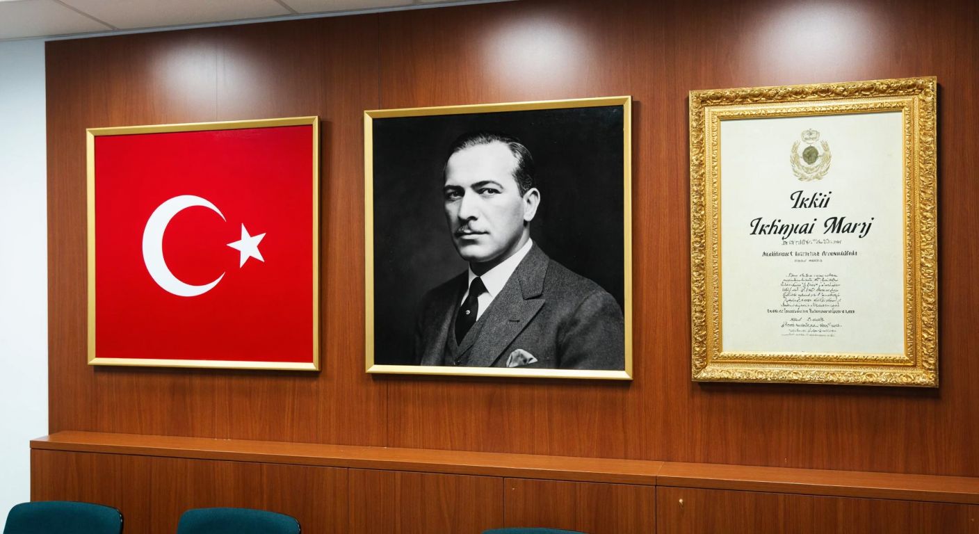 A polished wooden classroom wall displays three framed elements side by side: a vibrant red Turkish flag with a white crescent and star, a dignified black-and-white portrait of Atatürk, and an ornate golden-framed parchment representing the İstiklal Marşı.