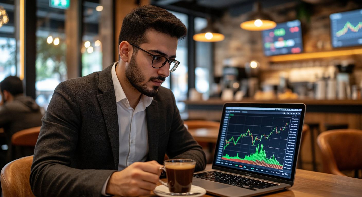A focused Turkish trader in a modern café, eyes locked on a laptop screen displaying a colorful stock chart with a green upward-trending line, while sipping strong Turkish coffee.