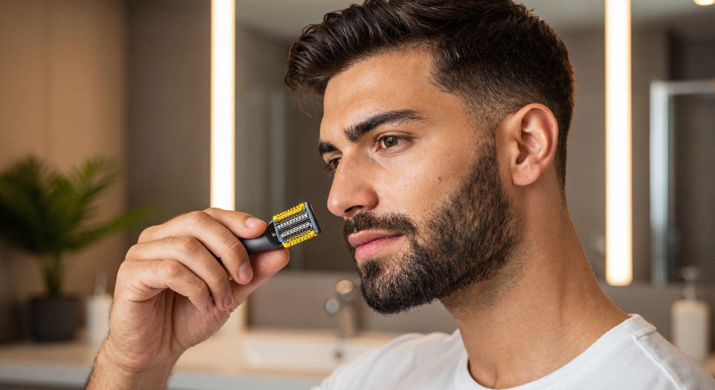 A close-up of a well-groomed Turkish man with a stubble beard holding a Philips QP630/51 razor blade replacement against a clean, modern bathroom counter with soft lighting.