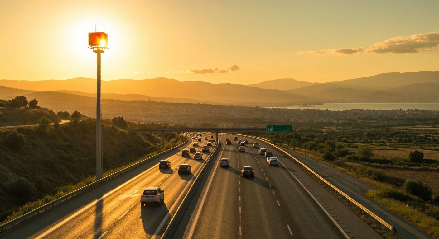 A sunlit highway in İzmir with a tall radar pole discreetly positioned on the roadside, overlooking cars speeding past against a backdrop of rolling hills and the distant Aegean coastline.