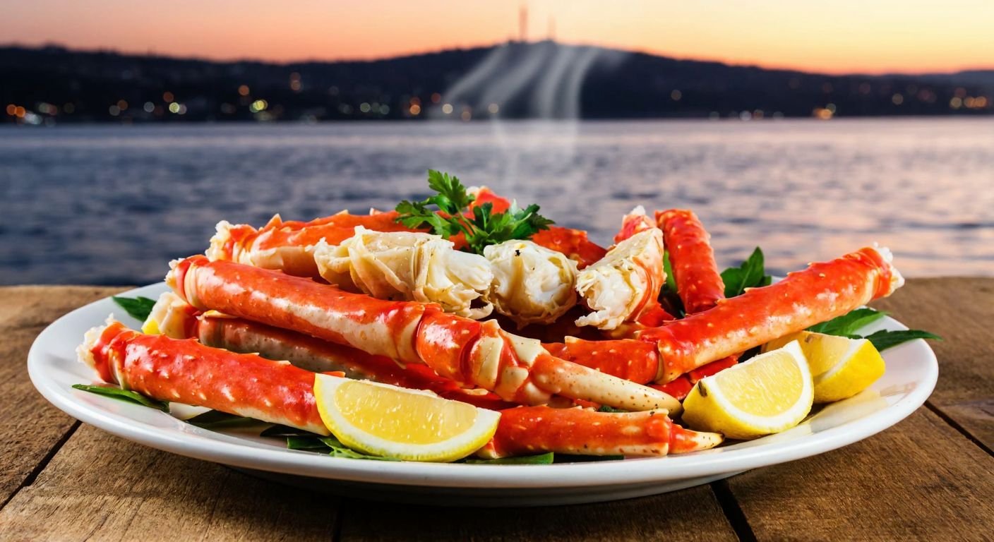 A steaming plate of bright red king crab legs garnished with lemon wedges and fresh herbs, served on a rustic wooden table overlooking the Bosphorus Strait at sunset.