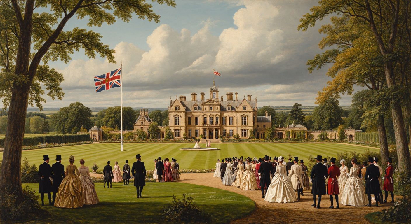 A grand British manor house surrounded by vast green estates, with elegantly dressed aristocrats strolling the grounds and a distant flag bearing the royal crest fluttering in the breeze.