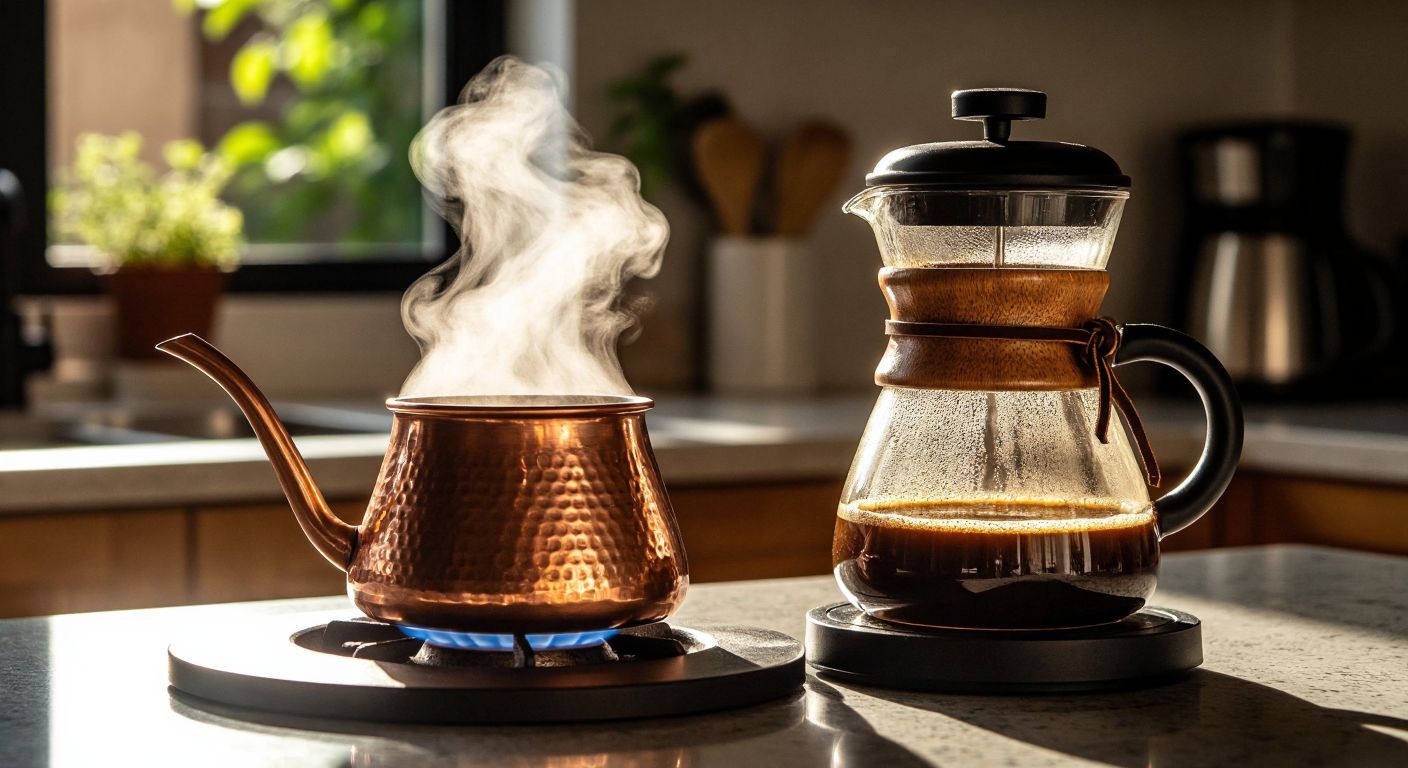 A traditional Turkish copper cezve brewing finely ground coffee over a low flame beside a modern glass French press filled with coarsely ground coffee beans, both emitting contrasting aromatic steam swirls in a sunlit Turkish kitchen.