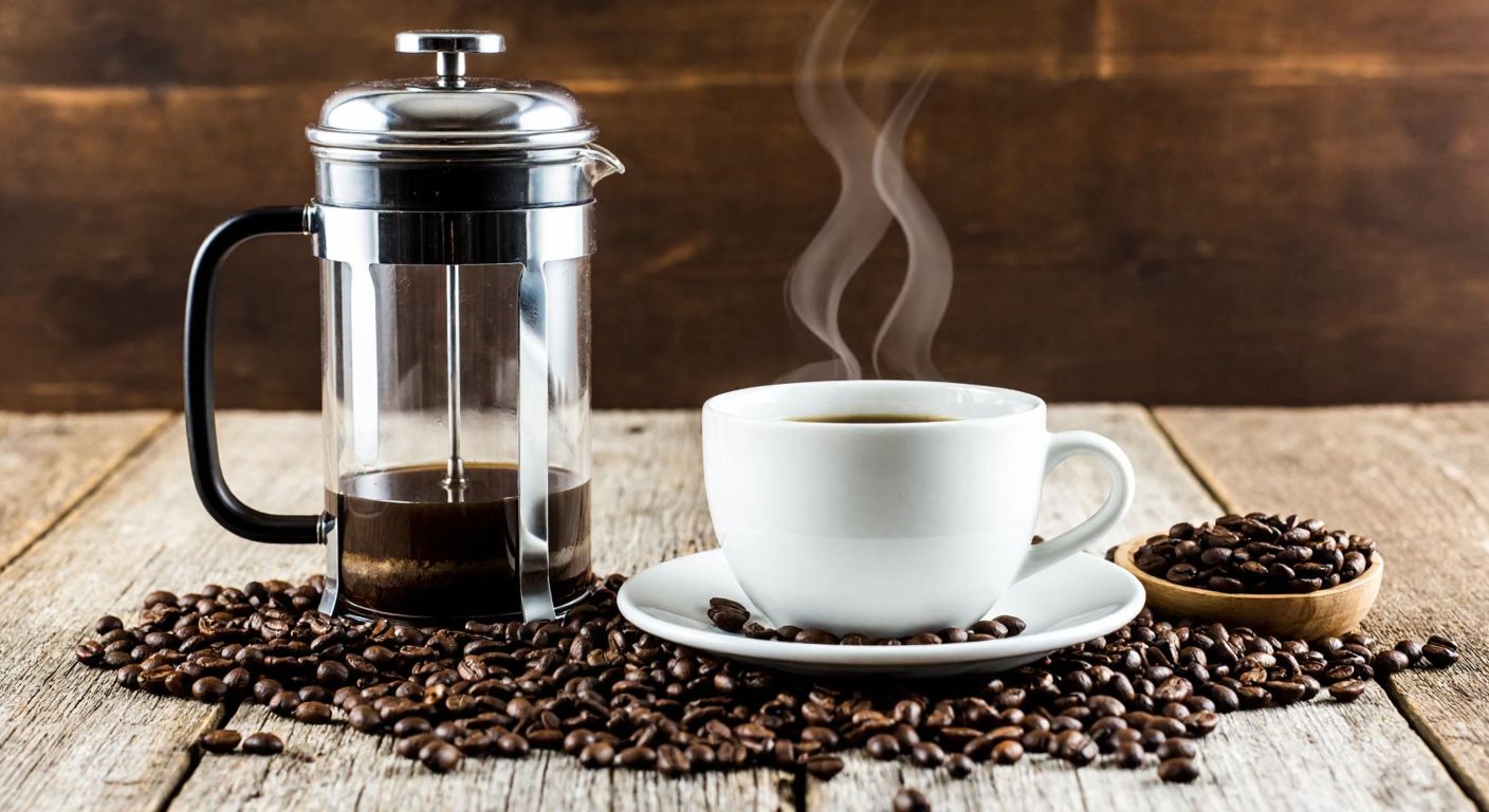 A rustic wooden table holds a French press filled with coarsely ground coffee, surrounded by scattered Arabica and Brazilian coffee beans, with steam rising from a freshly brewed cup nearby.