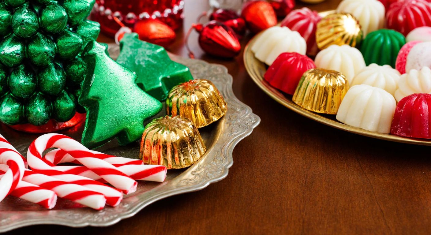 A festive Turkish kitchen table adorned with homemade red-and-white striped candy canes, Christmas tree-shaped chocolates in gold and green molds, and colorful akide sweets arranged on a decorative tray, evoking warmth and holiday cheer.