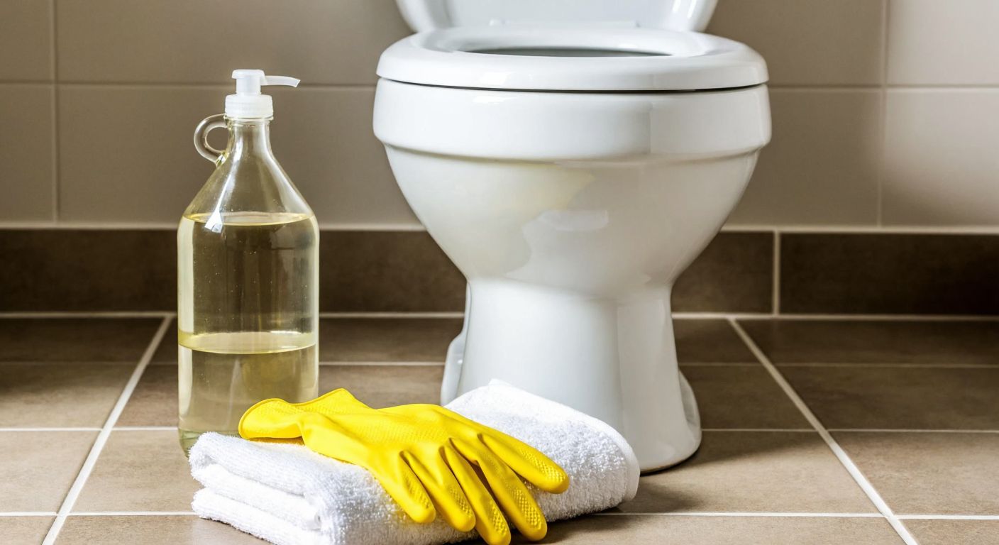 A clear glass bottle of vinegar sits beside a sparkling clean white toilet bowl, with a yellow rubber glove and a folded white cloth resting on the tiled bathroom floor.