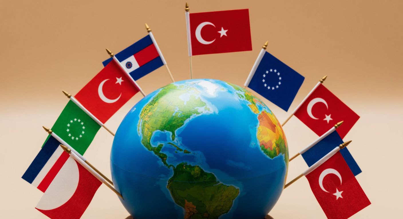 A vibrant globe surrounded by miniature flags of the G20 nations, with Turkey’s red flag subtly highlighted among them, set against a warm, neutral background.