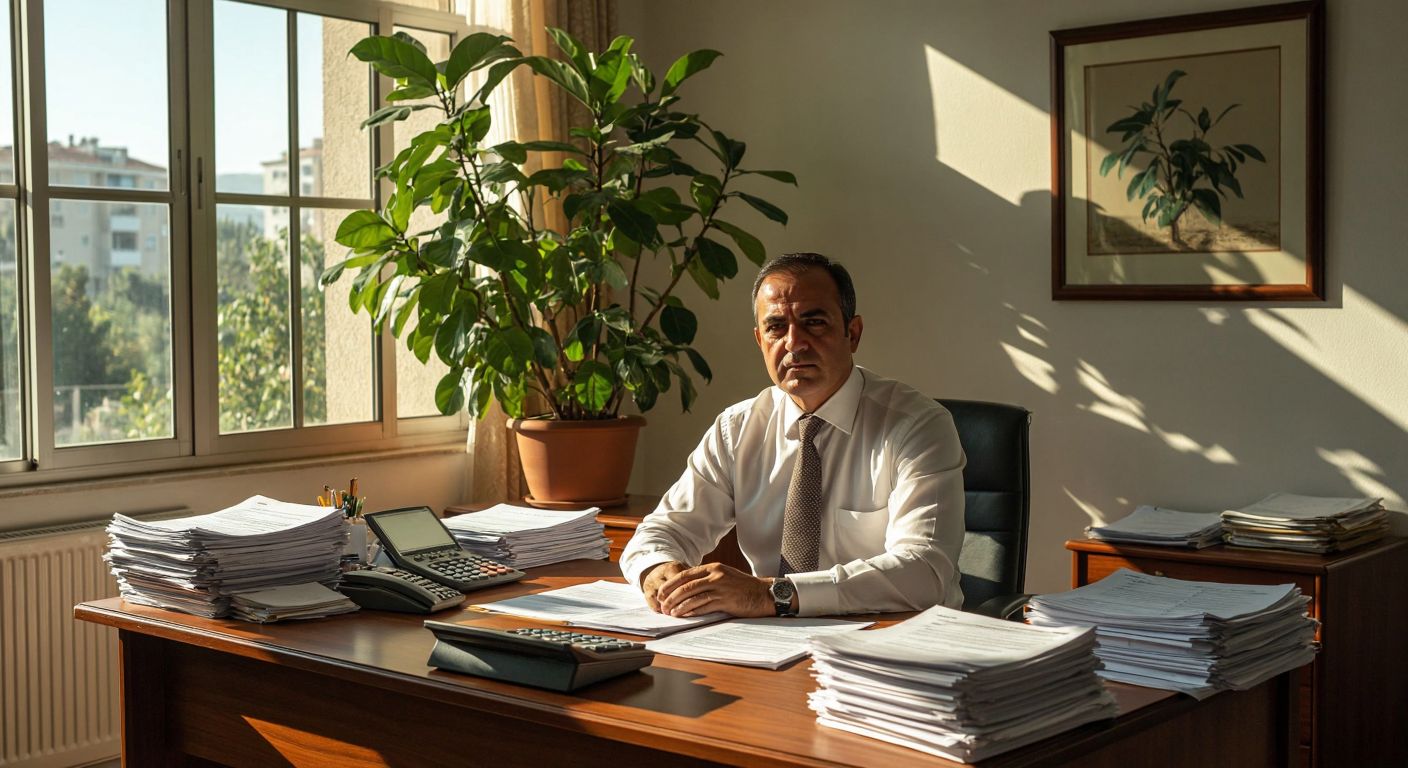 A middle-aged man in a crisp white shirt and tie sits at a wooden desk in a modest office in İzmir, surrounded by stacks of financial documents and a calculator, with warm sunlight streaming through the window onto a potted ficus plant.