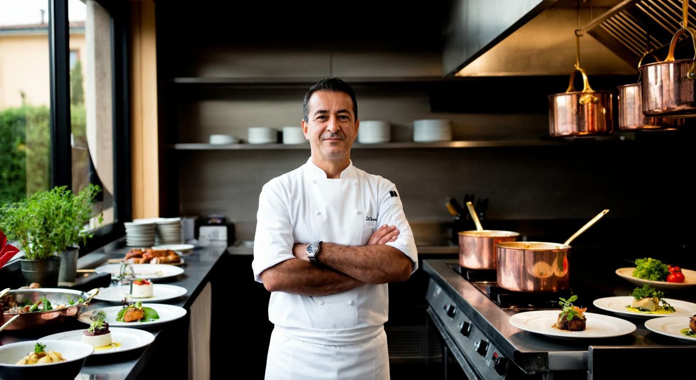 A confident middle-aged Turkish man in a crisp chef’s jacket stands proudly in a sleek, modern brasserie kitchen, surrounded by copper pots and plates of elegantly arranged gourmet dishes.