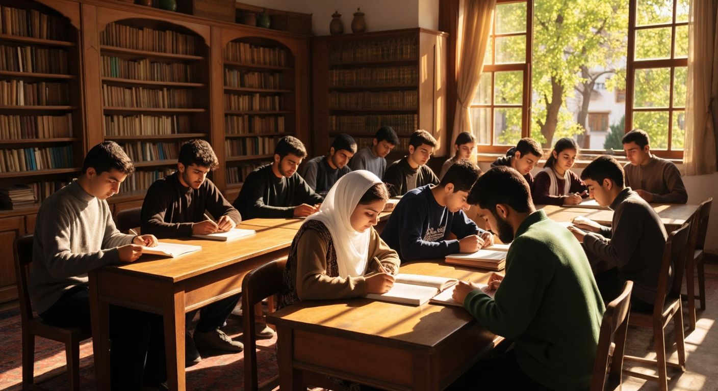 A group of diverse students in Turkey attentively studying Islamic texts in a sunlit classroom with traditional wooden desks and shelves filled with religious books.