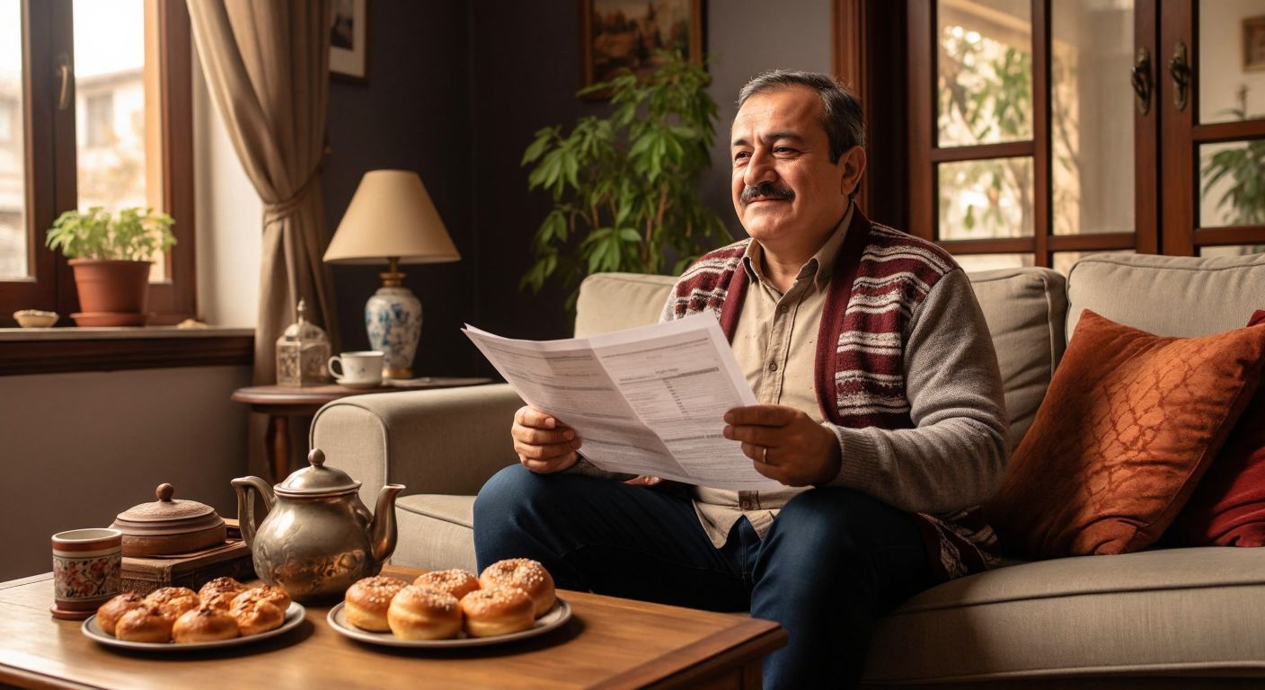 A middle-aged Turkish homeowner in a cozy living room, holding property tax documents while looking relieved, with a warm teapot and traditional Turkish pastries on the coffee table.
