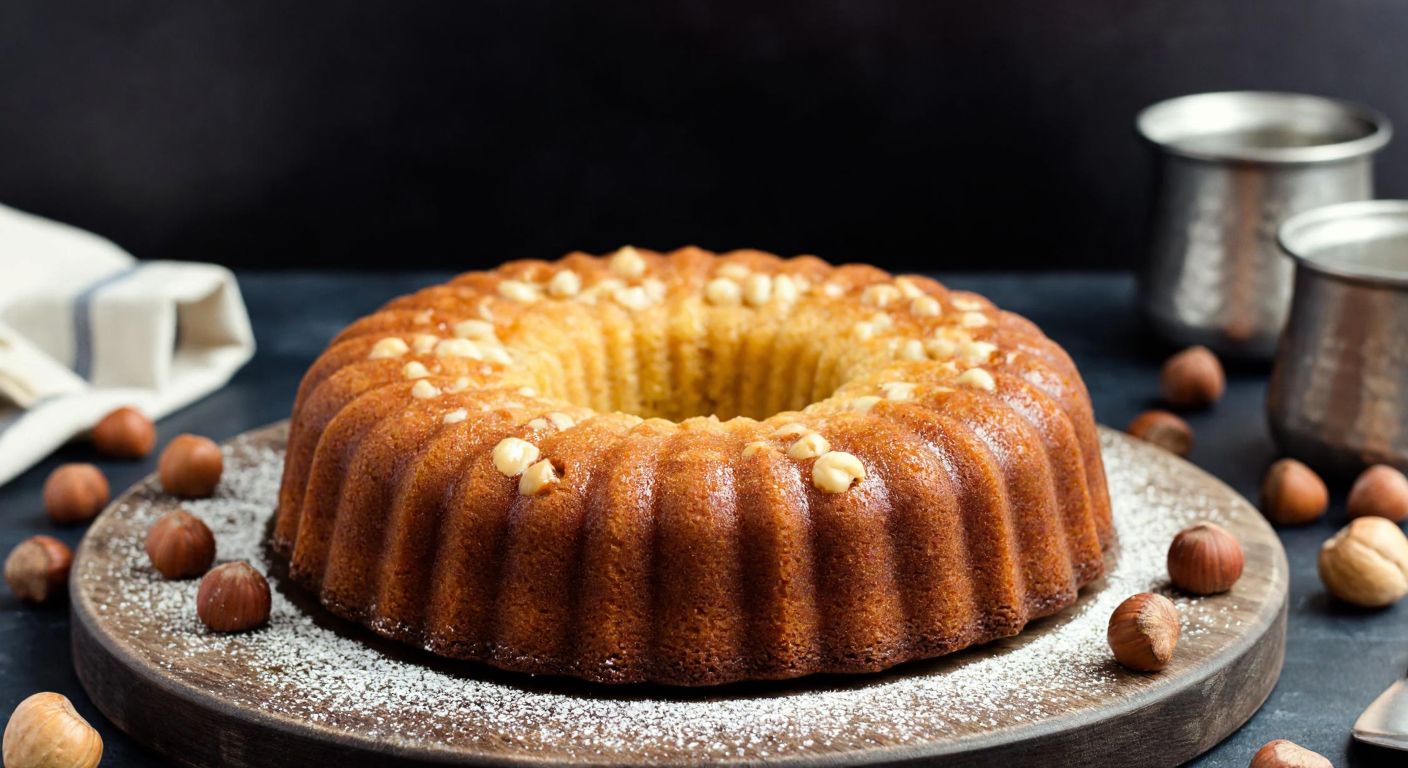A golden-brown hazelnut-studded moist cake, freshly baked and glistening with syrup, sits on a rustic wooden table in a cozy Turkish kitchen, surrounded by scattered hazelnuts and a dusting of powdered sugar.