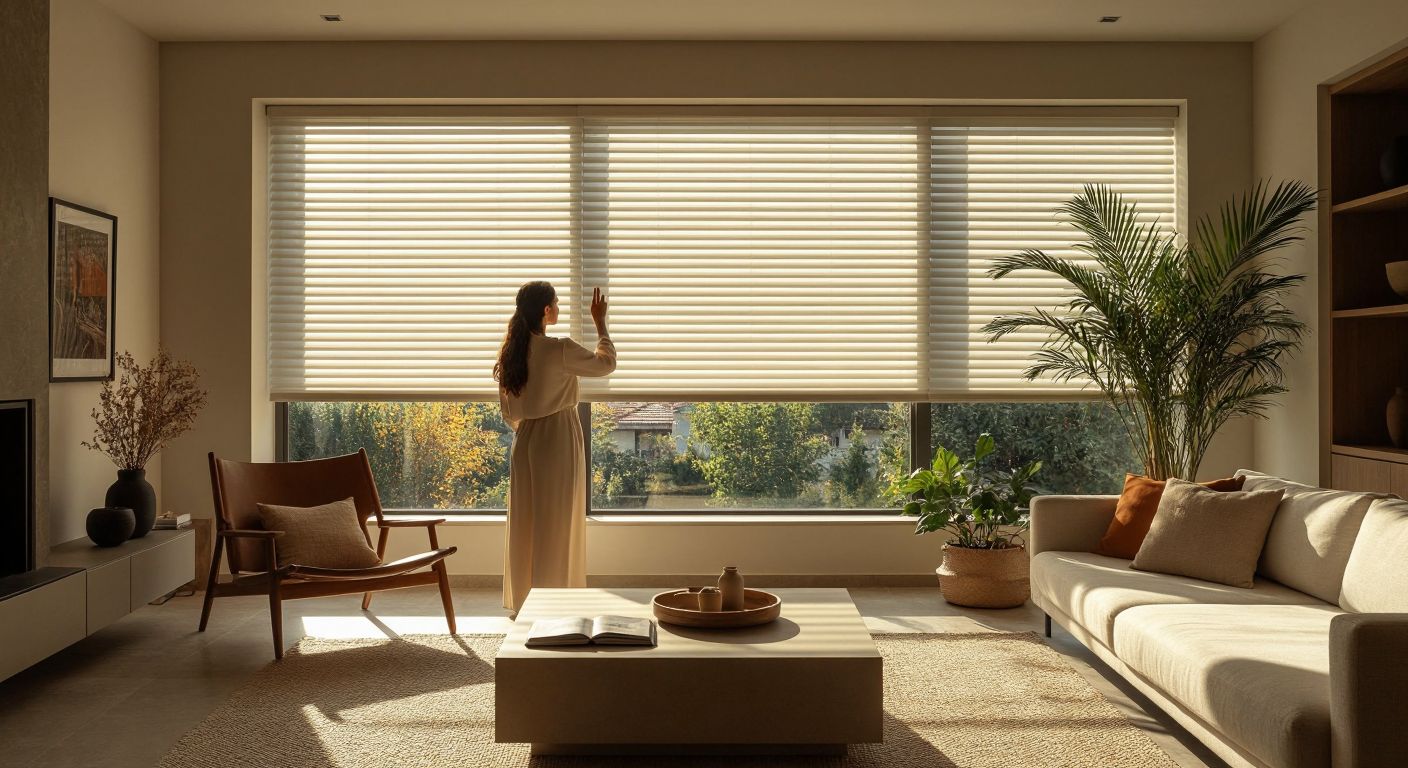A sunlit Turkish living room with a large Pimapen window, showcasing three types of mounted blinds—pleated, roller, and jalousie—in neutral tones, while a person gestures toward them thoughtfully.