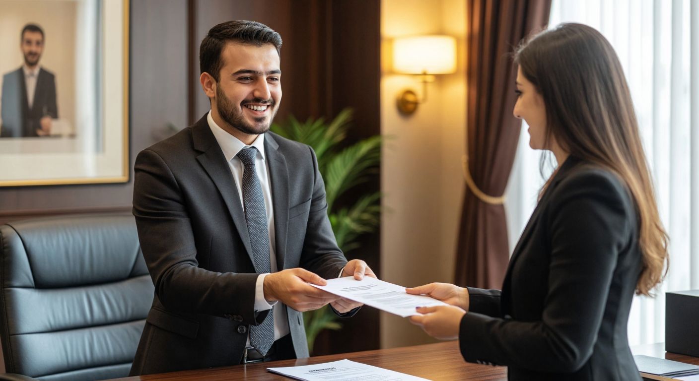 A Turkish insurance agent in a formal office setting hands a client a neatly folded document with a warm, professional smile, symbolizing the amendment process in a policy agreement.