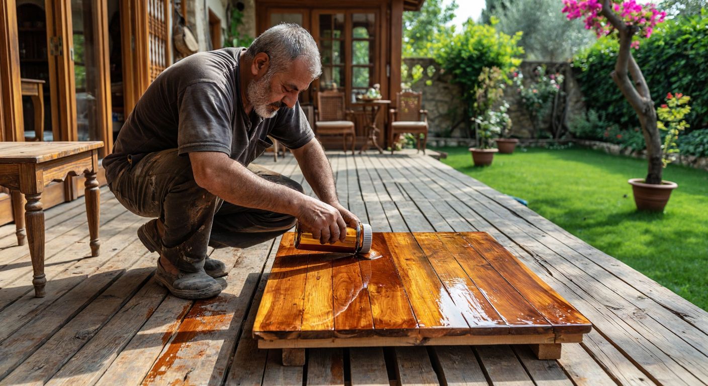 A Turkish craftsman carefully applying a glossy wood preservative to a weathered wooden deck, surrounded by vibrant green gardens and traditional Ottoman-style wooden furniture.