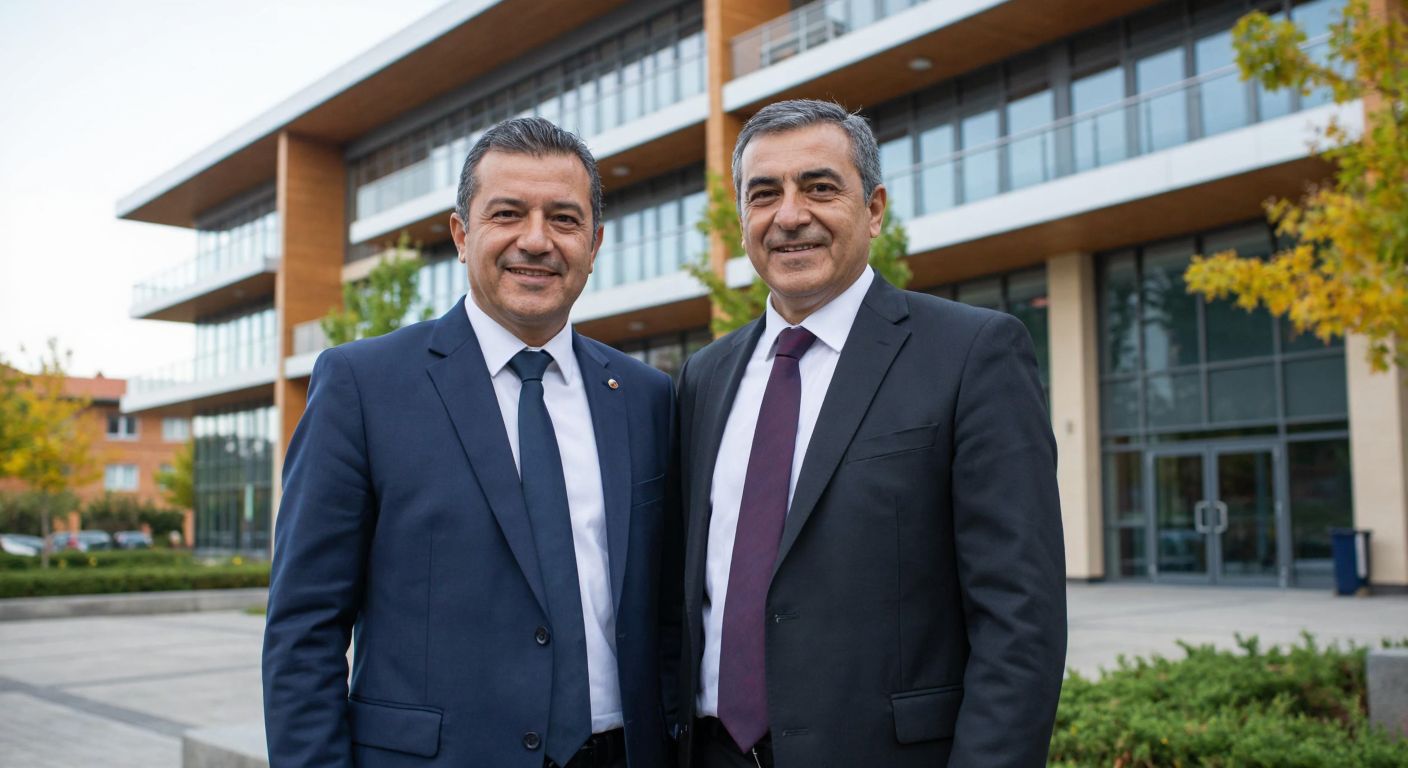 Two middle-aged Turkish men in formal suits stand proudly in front of a modern school building, smiling warmly with a sense of accomplishment.